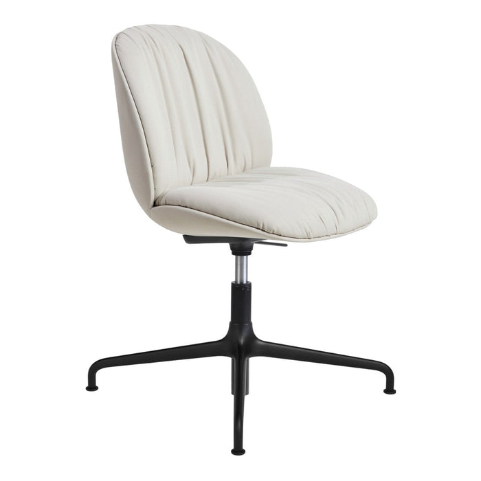 Cream-colored upholstered chair with subtle vertical pleats and a sleek black base. Ideal for modern interiors.