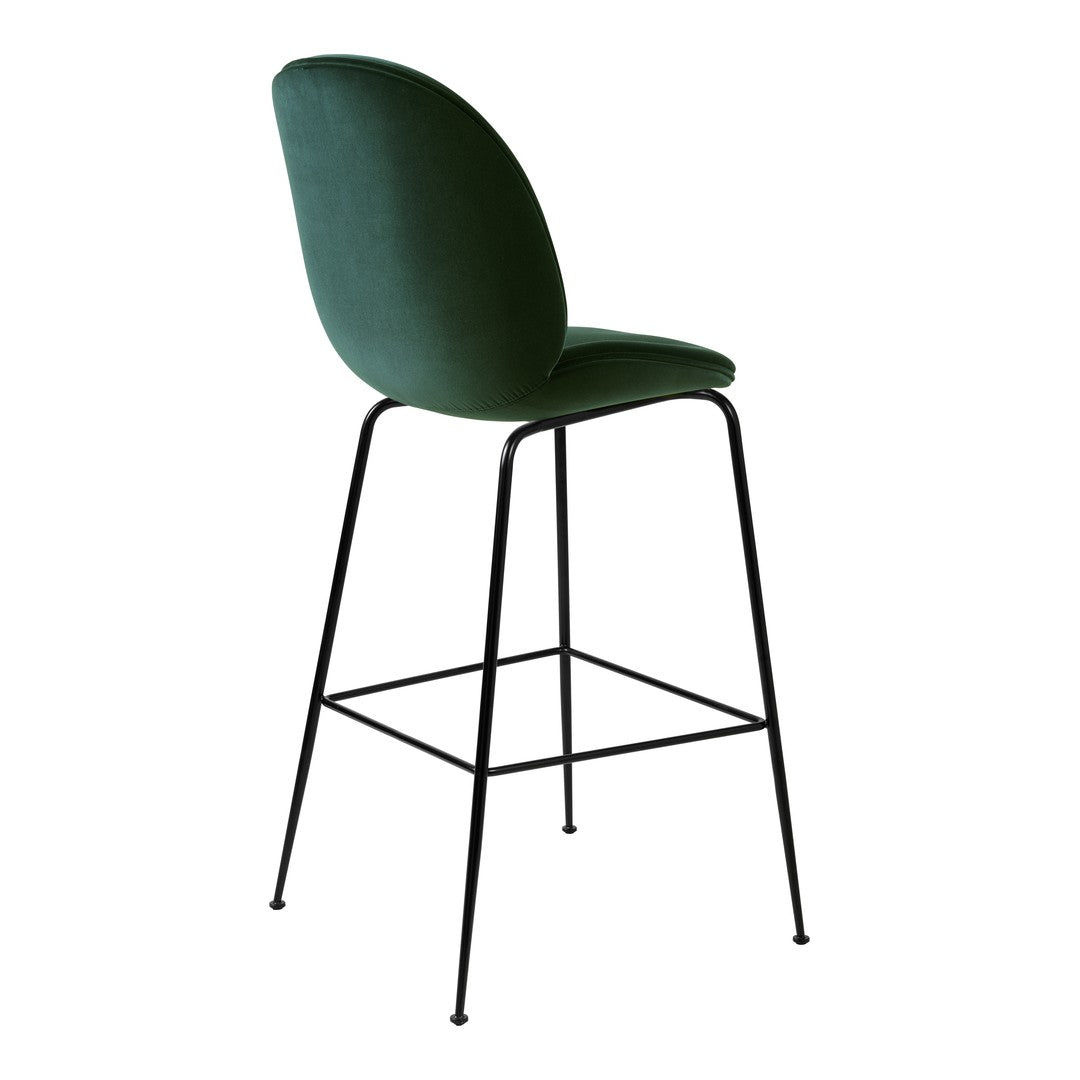 Green upholstered bar stool with a sleek black metal frame, featuring a modern minimalist design.