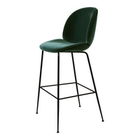 Green upholstered bar stool with a sleek black metal frame and minimalist design. Perfect for modern decor.