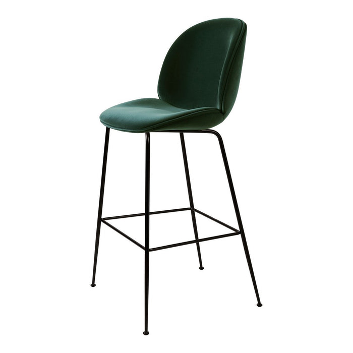 Green upholstered bar stool with a sleek black metal frame and minimalist design. Perfect for modern decor.