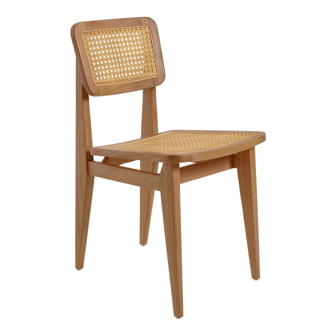 Natural wood chair with a light oak finish and woven cane seat, showcasing a minimalist and rustic design.
