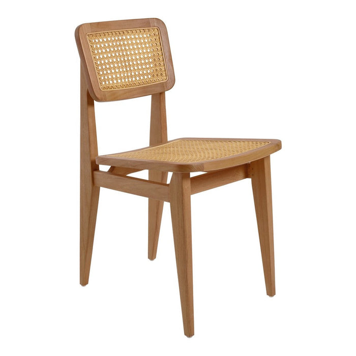 Natural wood chair with a light oak finish and woven cane seat, showcasing a minimalist and rustic design.