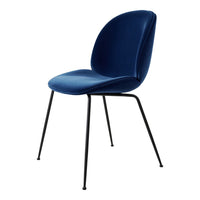 Navy blue velvet chair with a smooth finish and minimalistic black metal legs. Perfect for modern decor.