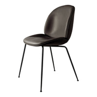 Sleek black chair with smooth contours and minimalist black metal legs, perfect for modern decor.