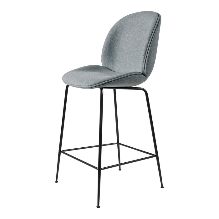 Stylish gray upholstered bar stool with a sleek black metal frame, featuring a smooth, curved design.