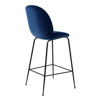 Navy blue upholstered bar stool with a sleek black metal frame, featuring a smooth, modern design.