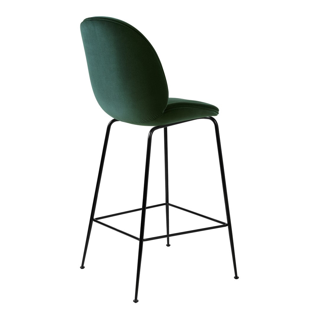 Green upholstered bar stool with a smooth, curved back and sleek black metal legs. Ideal for modern decor.