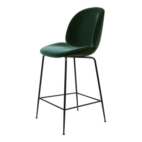 Green velvet bar stool with a sleek black metal frame, featuring a smooth, modern design. Ideal for contemporary decor.