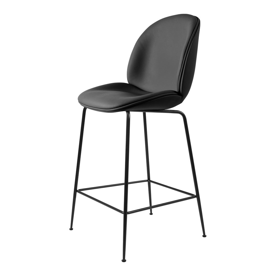 Modern black bar stool with a sleek padded seat and minimalist black metal frame, featuring a smooth, curved design.