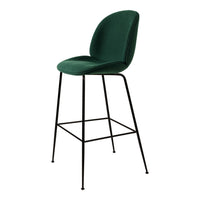Green upholstered bar stool with a smooth, curved back and sleek black metal legs.  Modern and stylish design.
