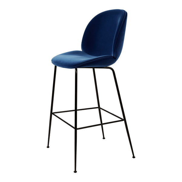 Navy blue velvet bar stool with a smooth, curved seat and sleek black metal legs, perfect for modern decor.