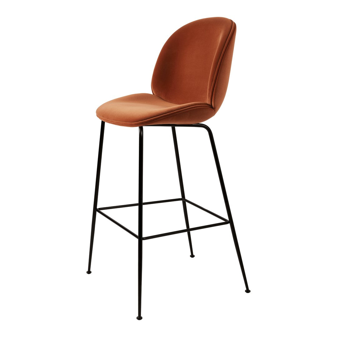 Brown leather bar stool with a sleek black metal frame and minimalist design. Perfect for modern interiors.