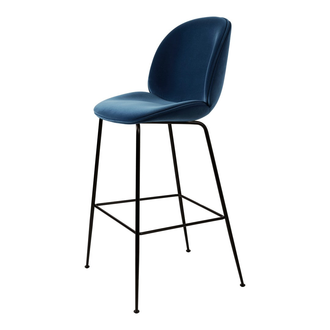 Elegant blue velvet bar stool with a sleek black metal frame and minimalist design, perfect for modern decor.