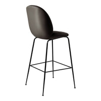 Sleek black metal bar stool with a smooth, dark gray upholstered seat and rounded backrest. Perfect for modern decor.