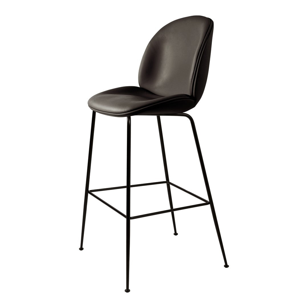 Black upholstered bar stool with a sleek, minimalist design and a sturdy black metal frame. Perfect for modern spaces.