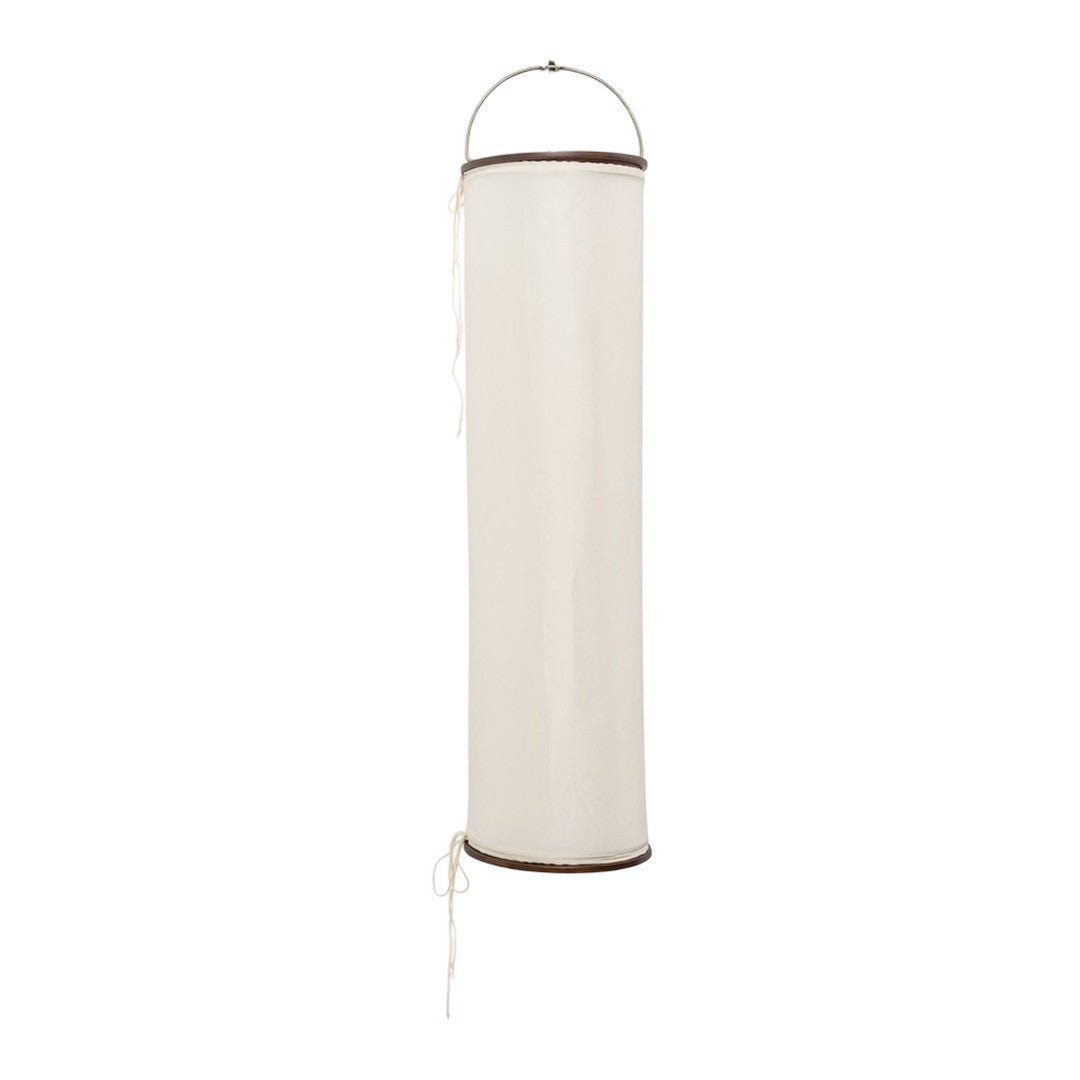 White cylindrical lantern with a smooth texture and contrasting brown accents, perfect for modern decor.
