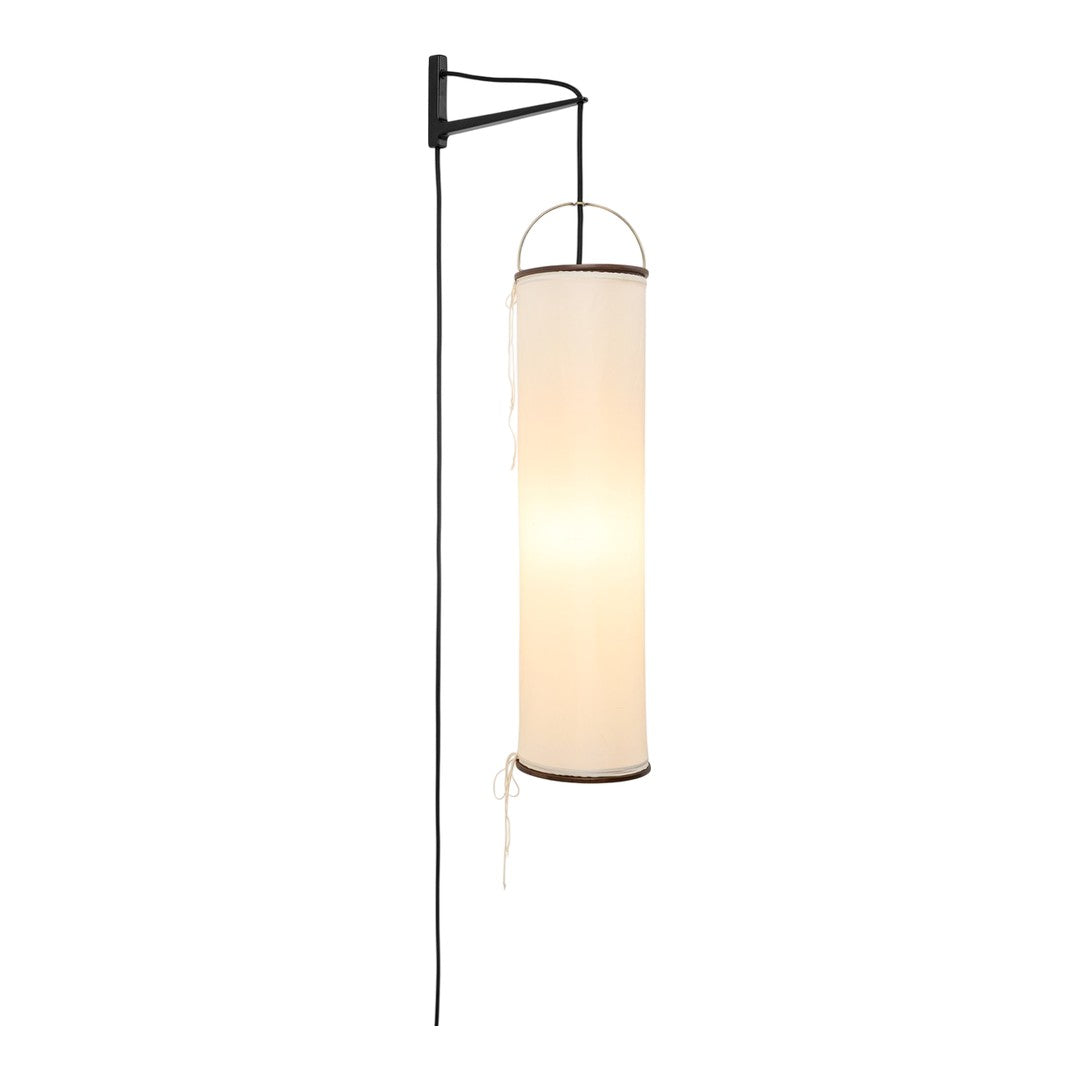 Elegant white cylindrical wall lamp with a sleek black metal frame and minimalist design. Perfect for modern decor.