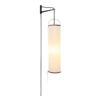 Elegant white cylindrical wall lamp with a sleek black metal frame and minimalist design. Perfect for modern decor.
