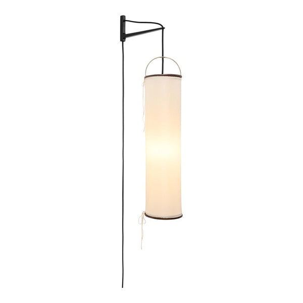 Elegant white cylindrical wall lamp with a sleek black metal frame and minimalist design. Perfect for modern decor.