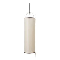 Vertical cream pendant lamp with a minimalist design and a brown accent border. Perfect for contemporary decor.