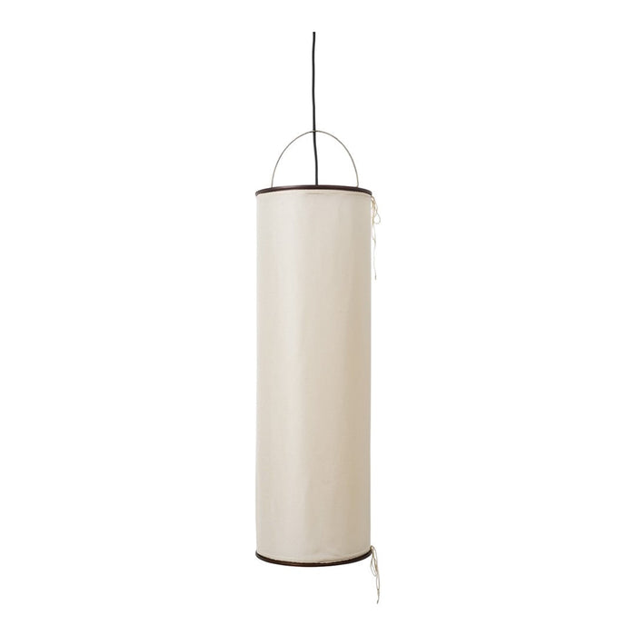 Vertical cream pendant lamp with a minimalist design and a brown accent border. Perfect for contemporary decor.