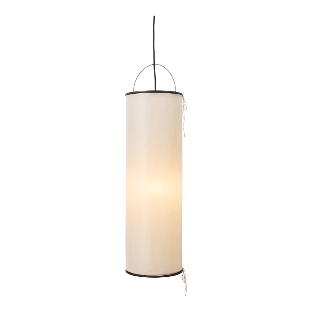 White cylindrical pendant light with a minimalistic design and a subtle, warm glow.