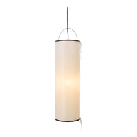 White cylindrical pendant light with a minimalistic design and a subtle, warm glow.