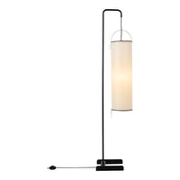 Sleek black floor lamp with a cylindrical white lampshade, offering a minimalist and modern design aesthetic.