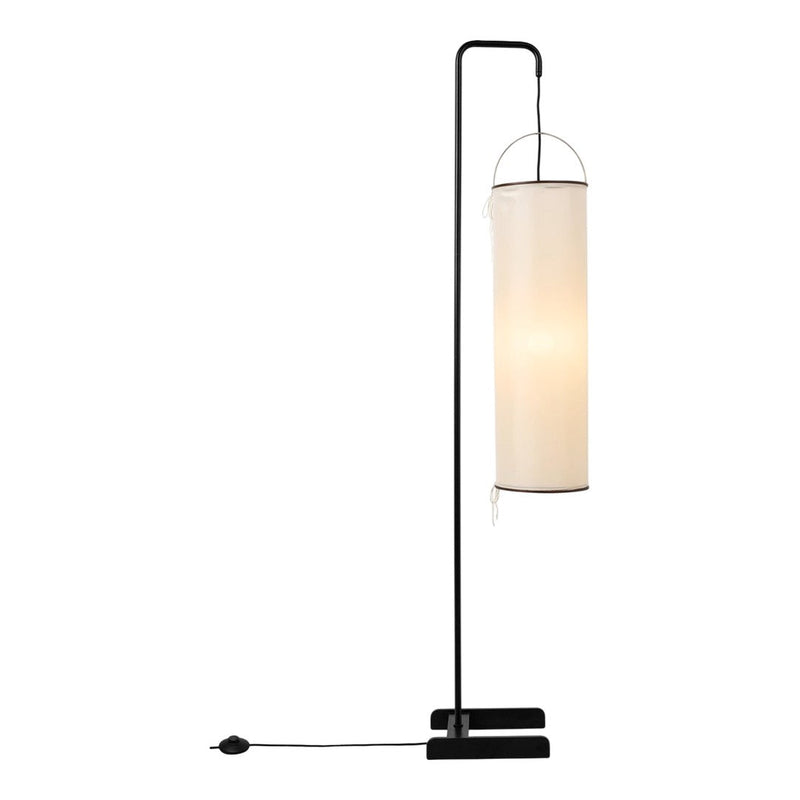 Sleek black floor lamp with a cylindrical white lampshade, offering a minimalist and modern design aesthetic.