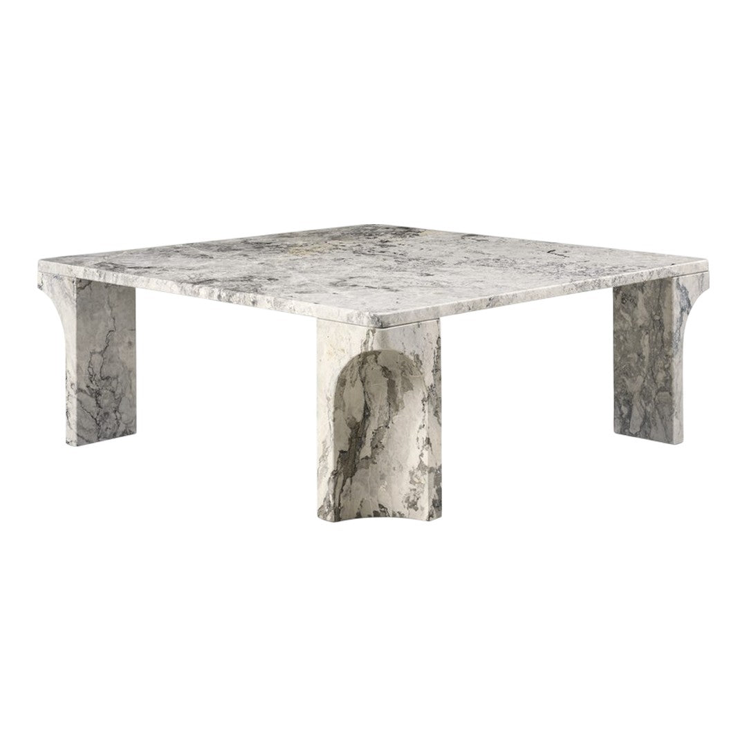 Square marble coffee table featuring gray and white hues with unique veining patterns for a modern look.