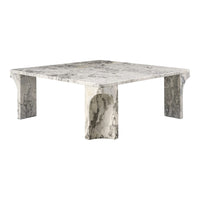 Square marble coffee table featuring gray and white hues with unique veining patterns for a modern look.