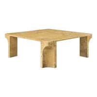 Square coffee table in a warm beige tone with a smooth, solid surface and minimalist arched legs.