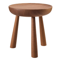 Natural wood stool with a rich brown finish and smooth, round top, featuring tapered legs for a sleek design.