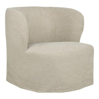 Light beige, textured barrel chair with a smooth, minimalist design, perfect for modern decor.