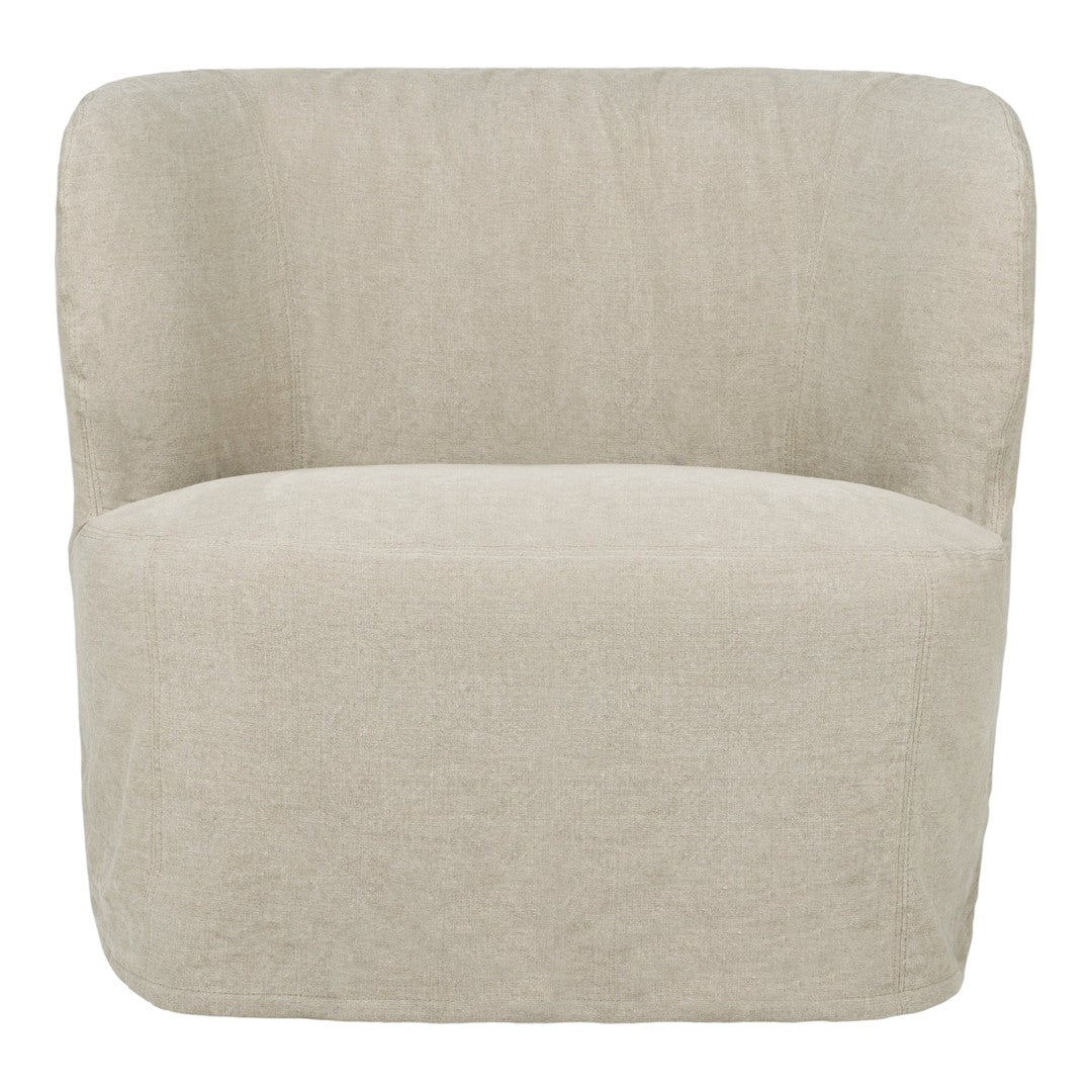 Soft beige armchair with a smooth, textured fabric and rounded silhouette, perfect for modern decor.