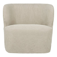 Soft beige armchair with a smooth, textured fabric and rounded silhouette, perfect for modern decor.