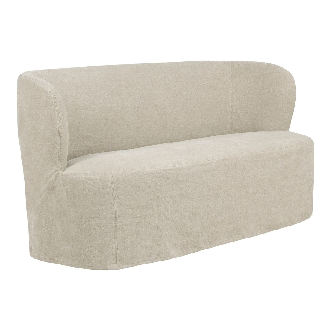 Curved beige sofa with a smooth, textured fabric in a minimalistic design, perfect for modern decor.