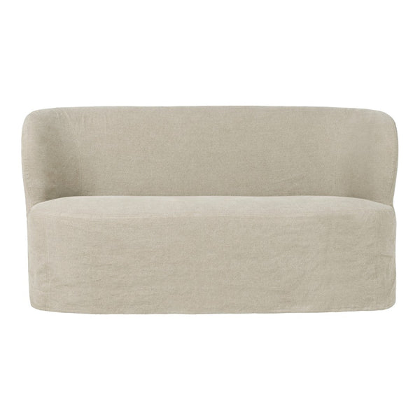Beige upholstered sofa with a smooth, minimalist design and curved edges. Perfect for modern decor.