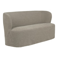 Soft taupe fabric loveseat with smooth, curved lines and no visible patterns, ideal for modern decor.