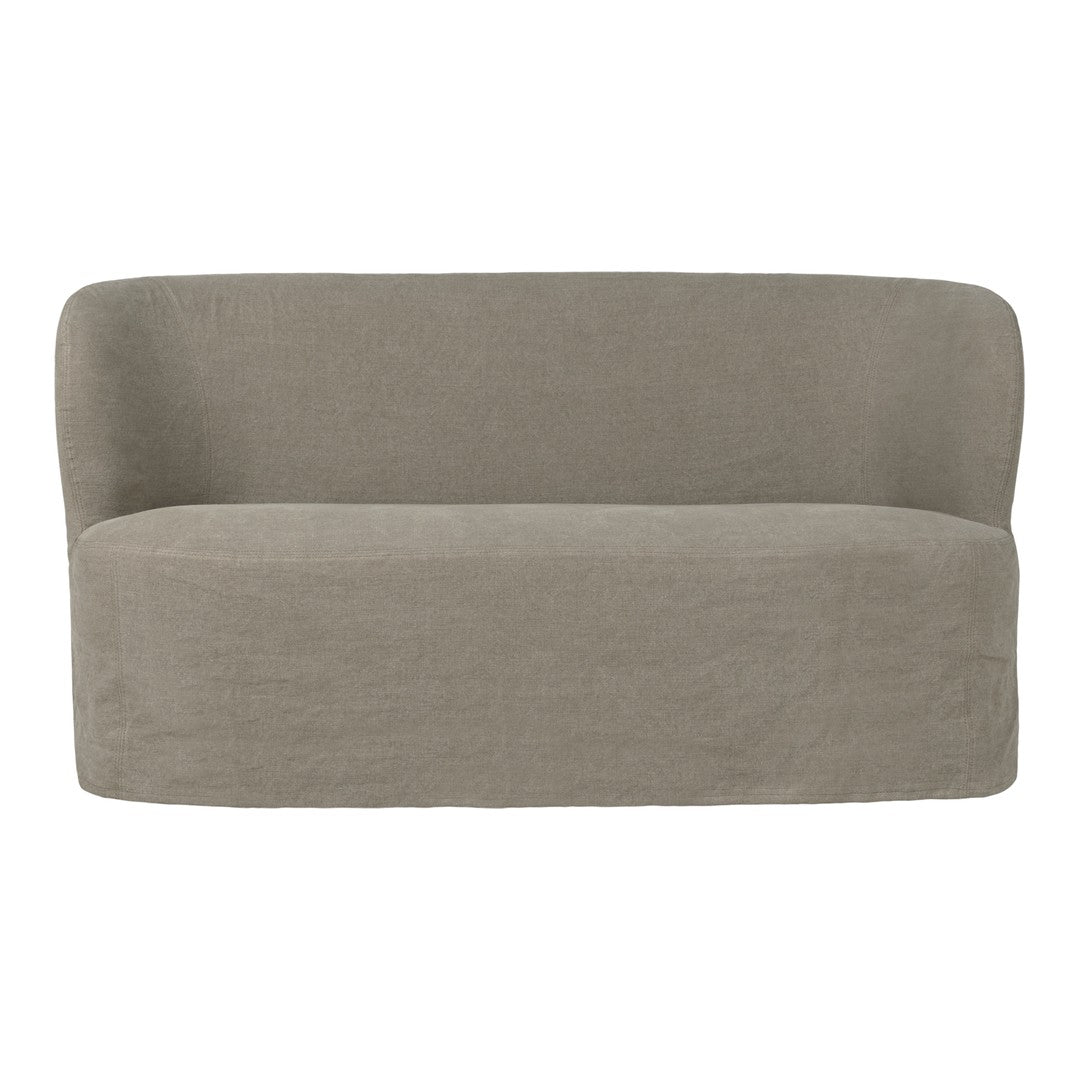 Soft gray two-seater sofa with a smooth, minimalist design and rounded edges. Perfect for modern decor.