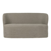 Soft gray two-seater sofa with a smooth, minimalist design and rounded edges. Perfect for modern decor.
