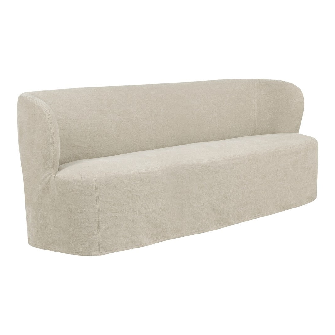 Soft beige curved sofa with a minimalist design and textured fabric, perfect for modern interiors.