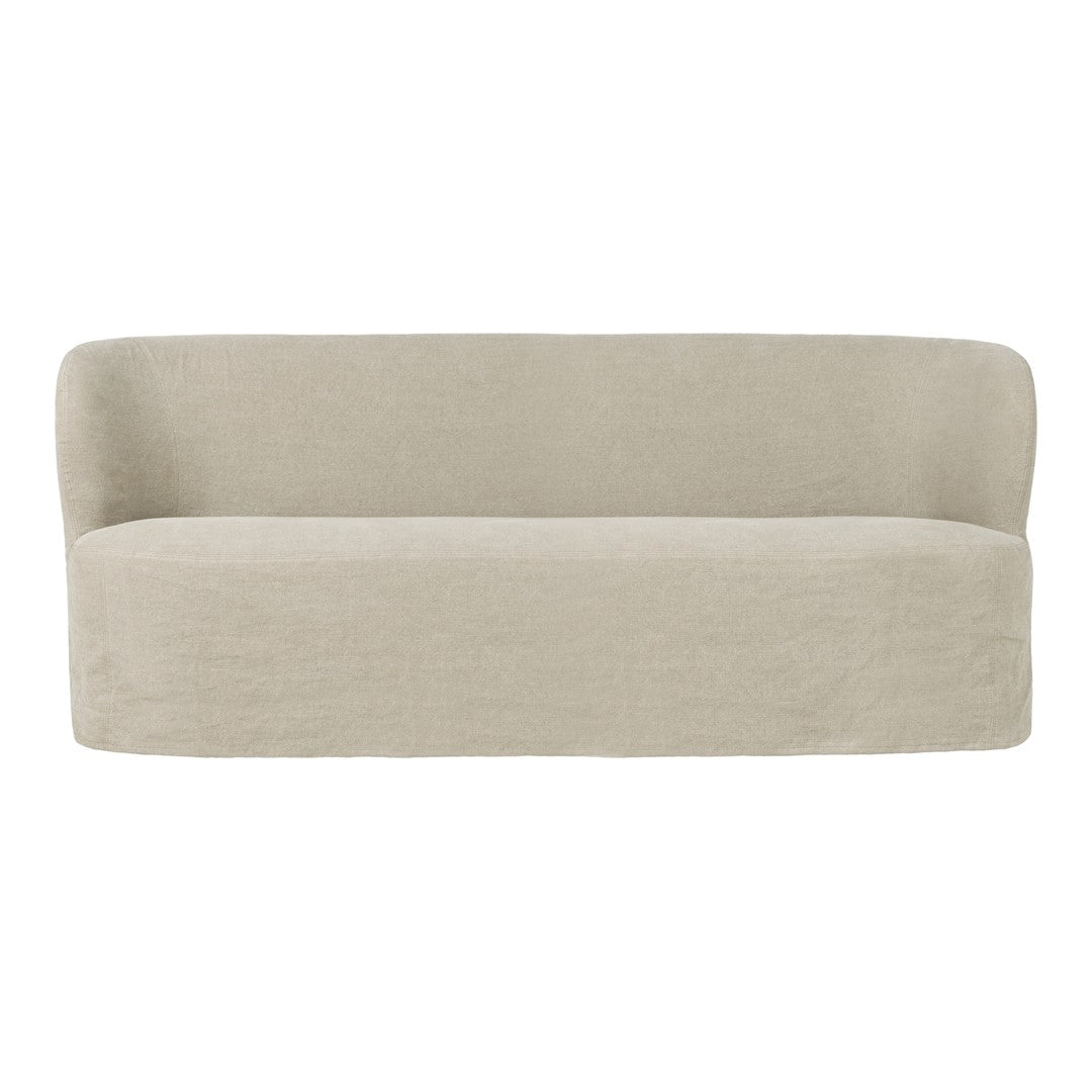 Light beige, minimalist sofa with a smooth, curved shape and no visible patterns, perfect for modern decor.