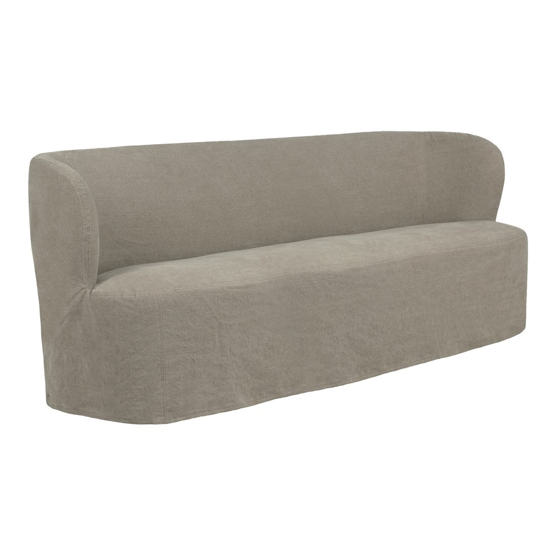 Soft beige sofa with a smooth, rounded design and minimalistic pattern. Perfect for modern living spaces.