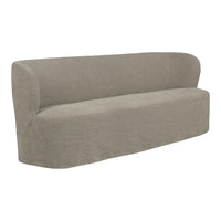Soft beige sofa with a smooth, rounded design and minimalistic pattern. Perfect for modern living spaces.