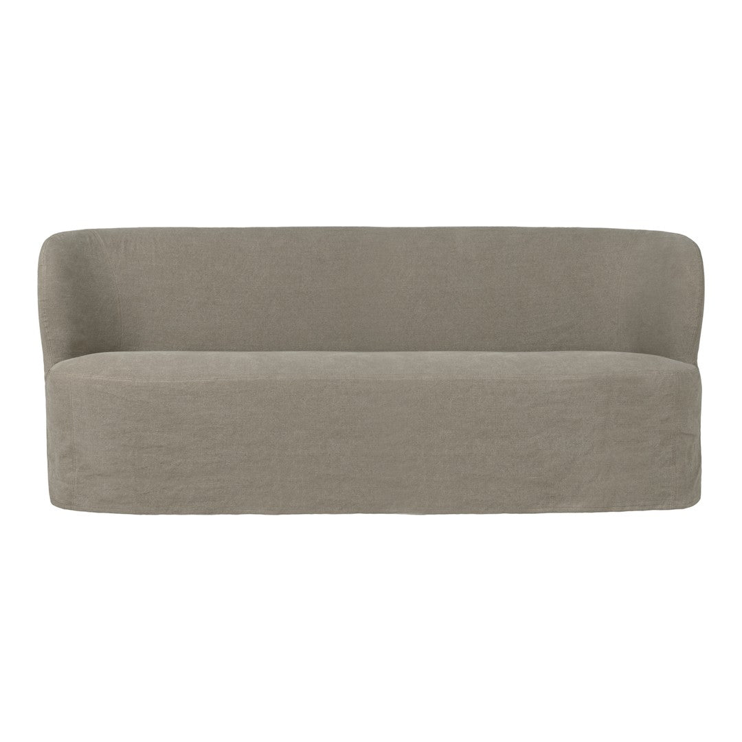 Sleek, modern sofa in soft, muted grey fabric with a smooth, clean design. Perfect for contemporary interiors.