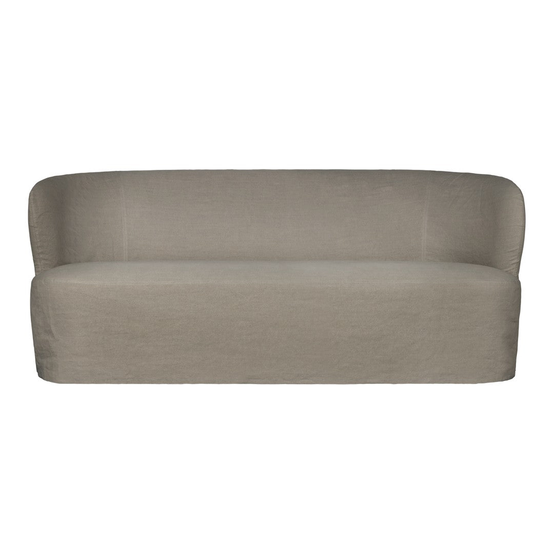 Neutral taupe sofa with a smooth, solid fabric design featuring a minimalist and contemporary style.