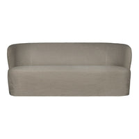 Neutral taupe sofa with a smooth, solid fabric design featuring a minimalist and contemporary style.