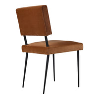 "Rust velvet dining chair with black metal legs, featuring a sleek, minimalistic design."