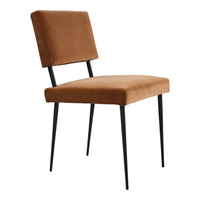 Brown velvet chair with a minimalist design and sleek black metal legs. Ideal for modern decor.